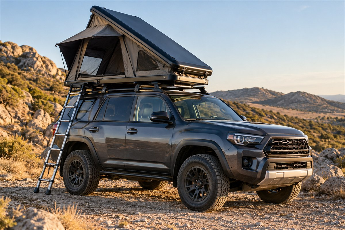 Illustrative hard-shell wedge rooftop tent opened on an SUV at a rocky campsite