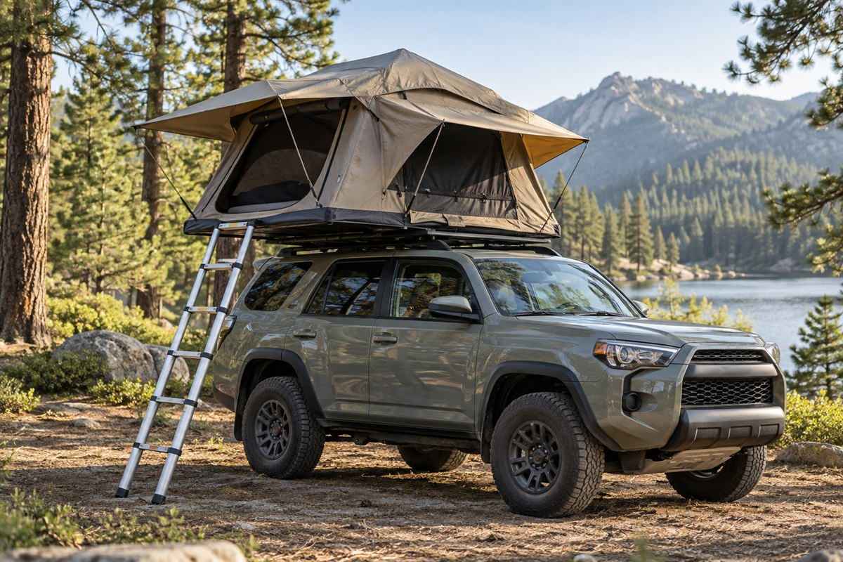 Illustrative soft-shell rooftop tent opened on a 4x4 SUV at a forest campsite