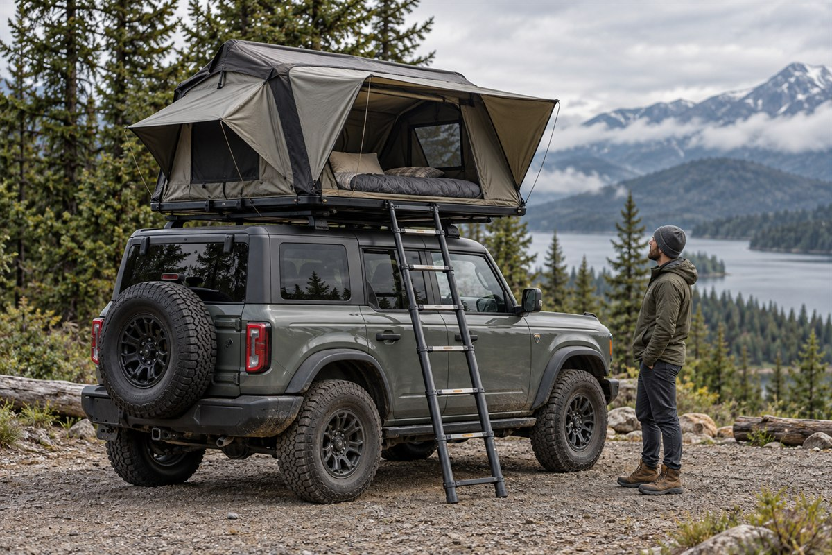 Compact soft-shell rooftop tent mounted on a 4x4 SUV with a camper standing beside it for scale