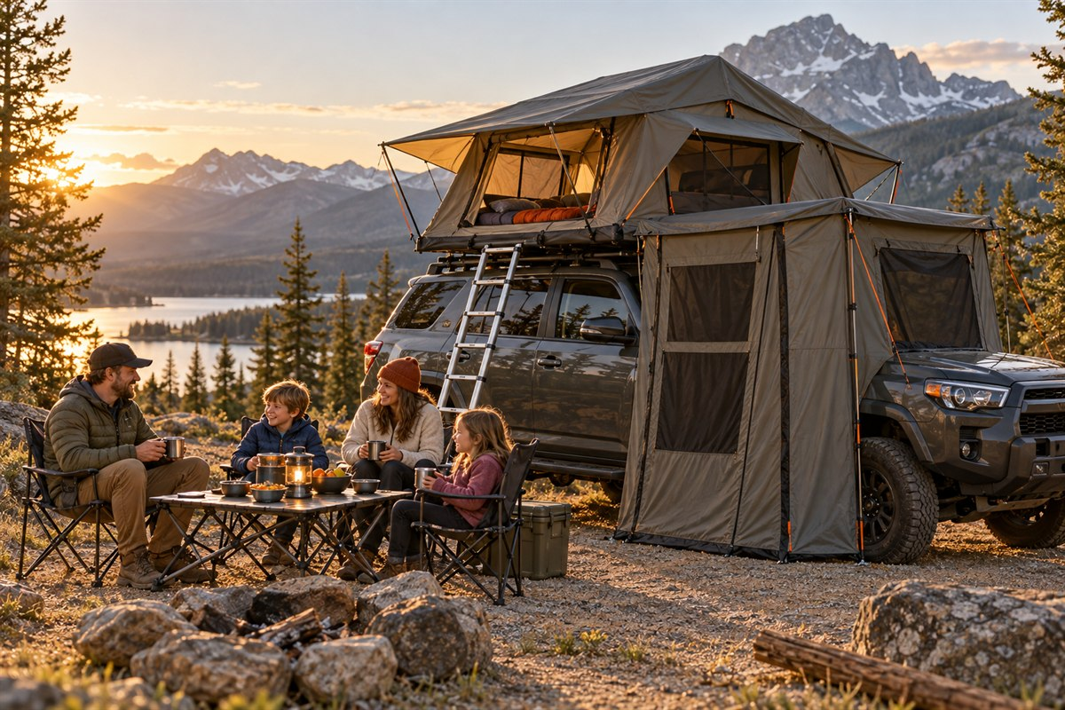 Larger rooftop tent and annex beside a 4x4 at a campsite with a family