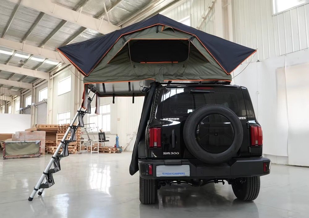 Extended rooftop tent open on SUV with aluminum ladder