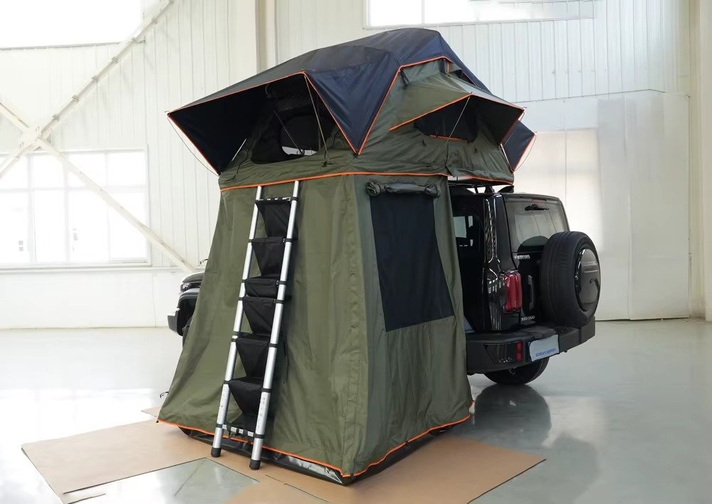 Rooftop tent with enclosed lower shelter and ladder