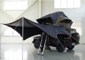 Rooftop tent with extended awning for outdoor camping