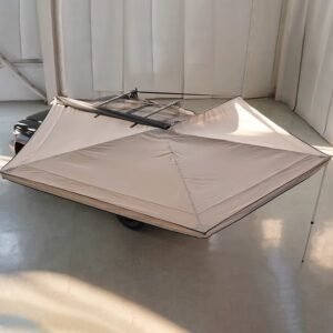 Underside view of the vehicle awning showing the canopy fabric and support frame.
