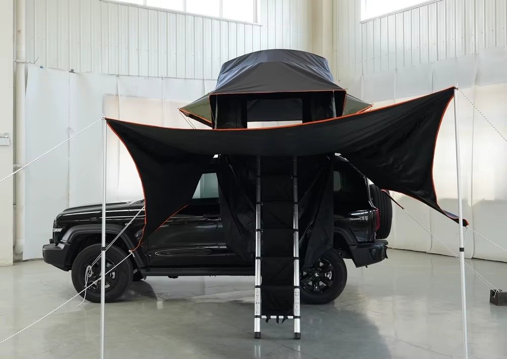 SUV rooftop tent with large extended outdoor awning