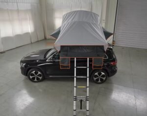SUV rooftop tent with rear entrance and aluminum ladder