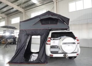 SUV tailgate camping tent showing the side entrance and enclosed outdoor shelter