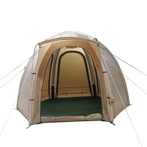 Front view of a beige inflatable camping tent with its entrance open and guy lines secured.