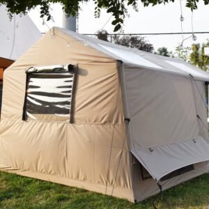 Beige four-season camping tent viewed from the side, with a clear window and an extended lower flap.