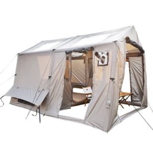 Light gray camping tent with an open porch, visible interior, side windows, and a stove pipe port.