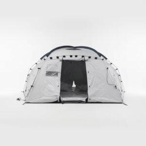 Front view of a gray spherical tunnel tent with an open central entrance and visible support frame.