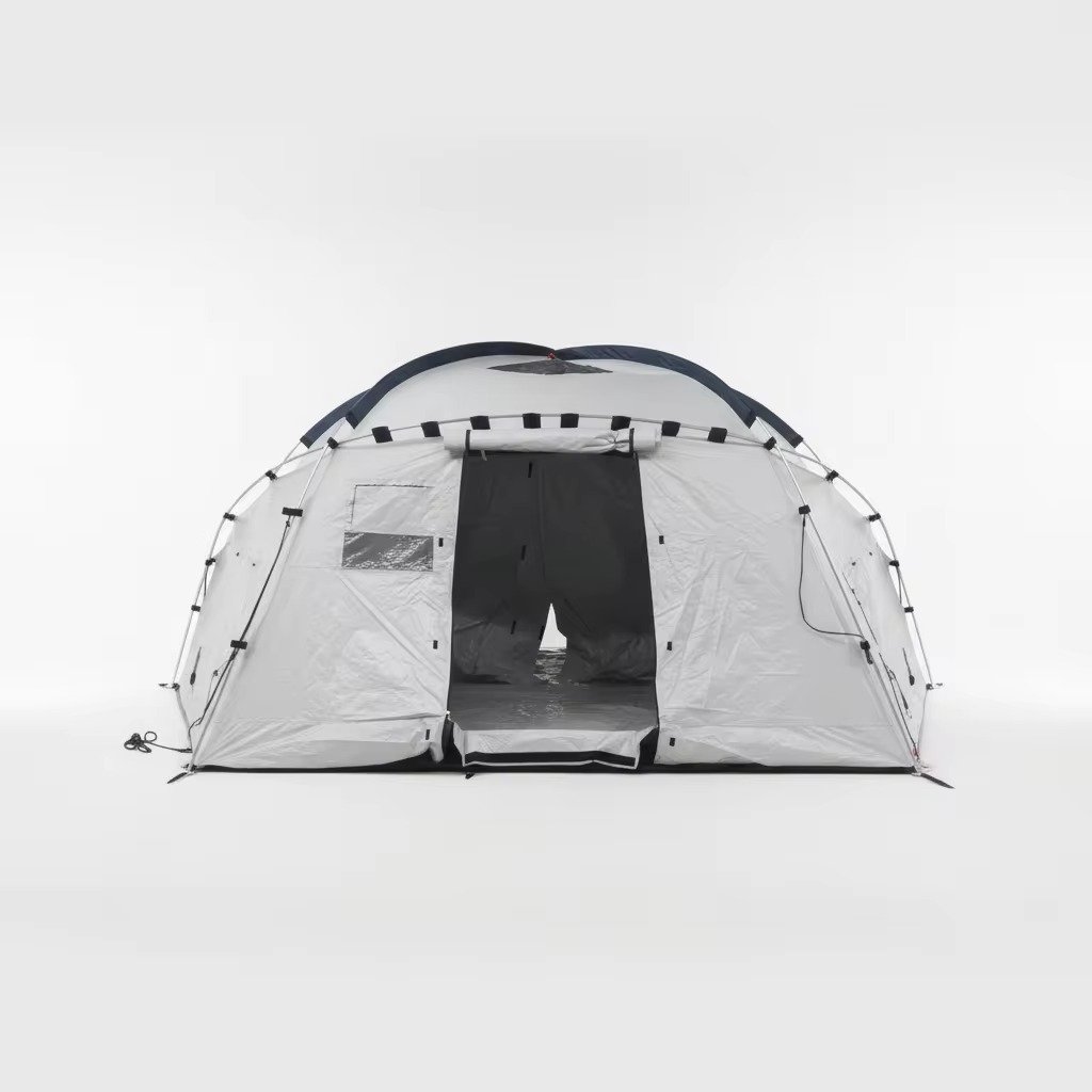 Front view of a gray spherical tunnel tent with an open central entrance and visible support frame.