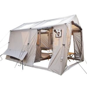 Angled view of a large camping tent with open entrances, guy lines, and a stove jack port.