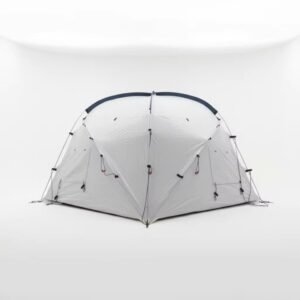 Rear three-quarter view of a gray dome tent with curved support poles, attachment points, and guy lines.