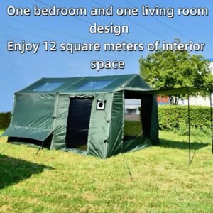 Green outdoor tent labeled as a one-bedroom, one-living-area design with 12 square meters of interior space.