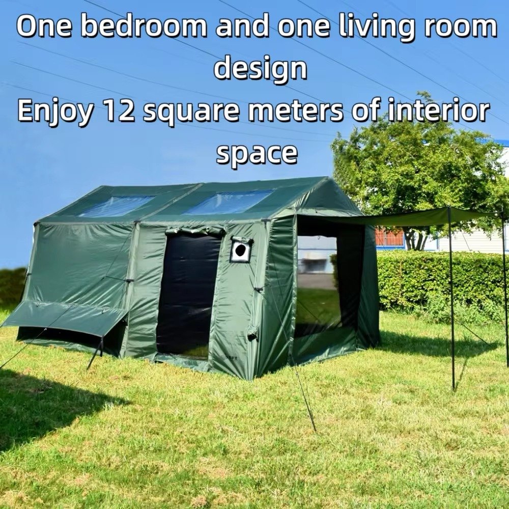 Green outdoor tent labeled as a one-bedroom, one-living-area design with 12 square meters of interior space.