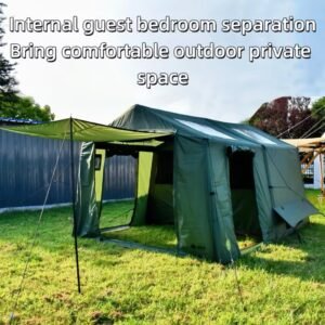 Green camping tent with an open covered living area and a separate enclosed bedroom section.