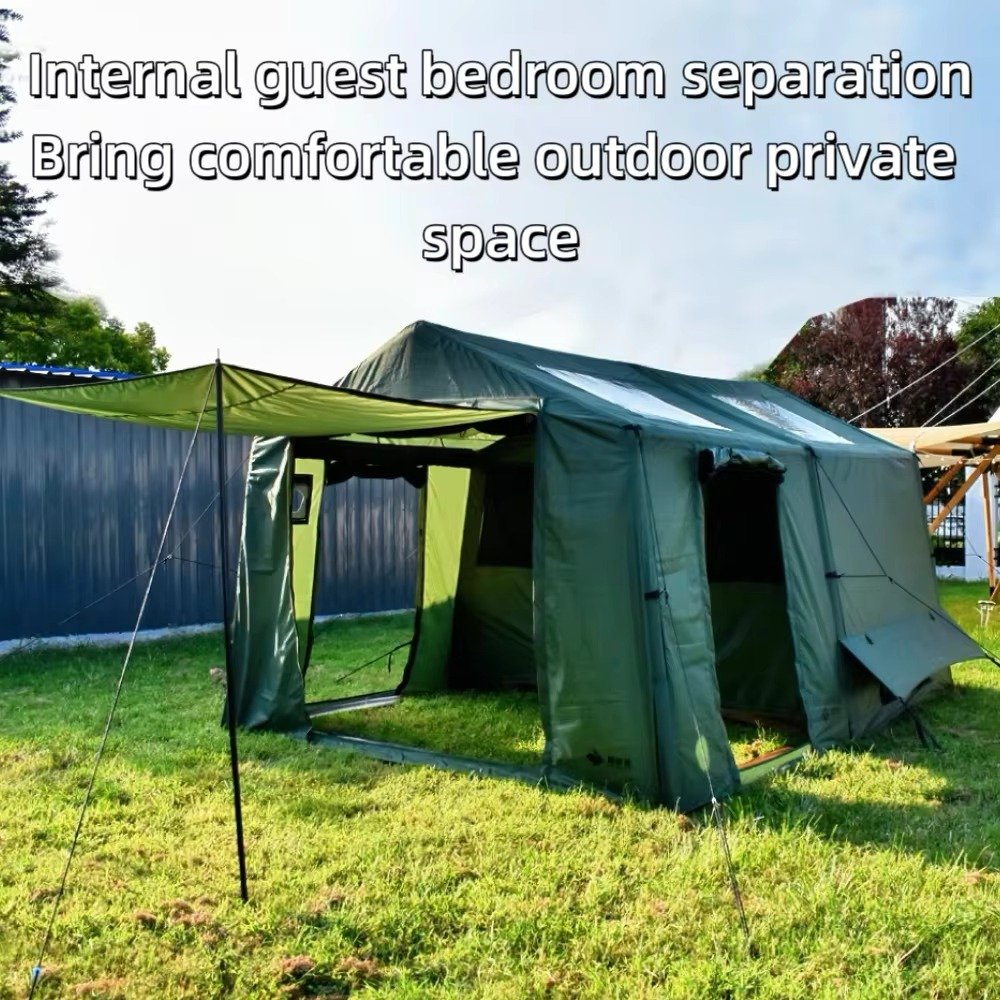 Green camping tent with an open covered living area and a separate enclosed bedroom section.