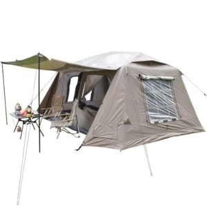 Light-colored cabin tent with roof skylights, mesh windows, and extended awning on a white background.