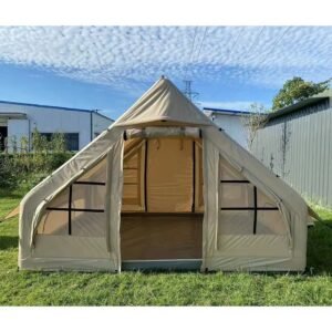Front view of a beige cabin tent with an open doorway and mesh side panels.