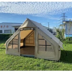 Front view of a beige cabin tent with an open doorway and mesh side panels.
