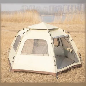 Beige hexagonal camping tent with the front entrance open.