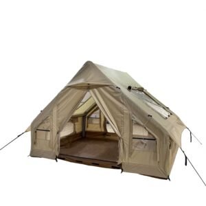 Beige inflatable cabin tent with its front entrance open, showing the interior.