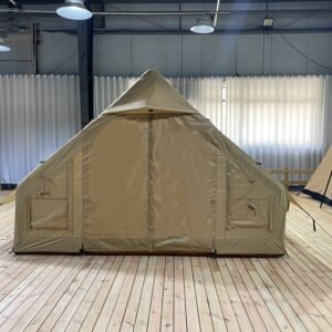 Front view of a beige inflatable tent with the mesh door open.
