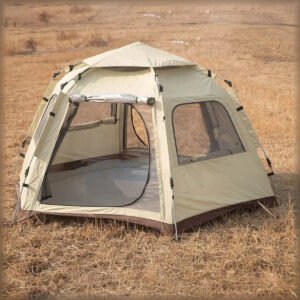Beige pop-up camping tent with an open entrance and mesh side windows.