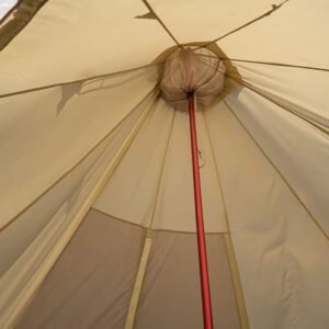 Interior view looking up at the center support pole and roof panels of a beige teepee tent.