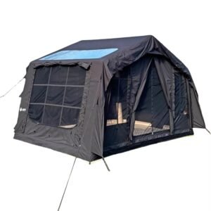 Black cabin-style inflatable camping tent with a blue roof skylight panel on a white background.