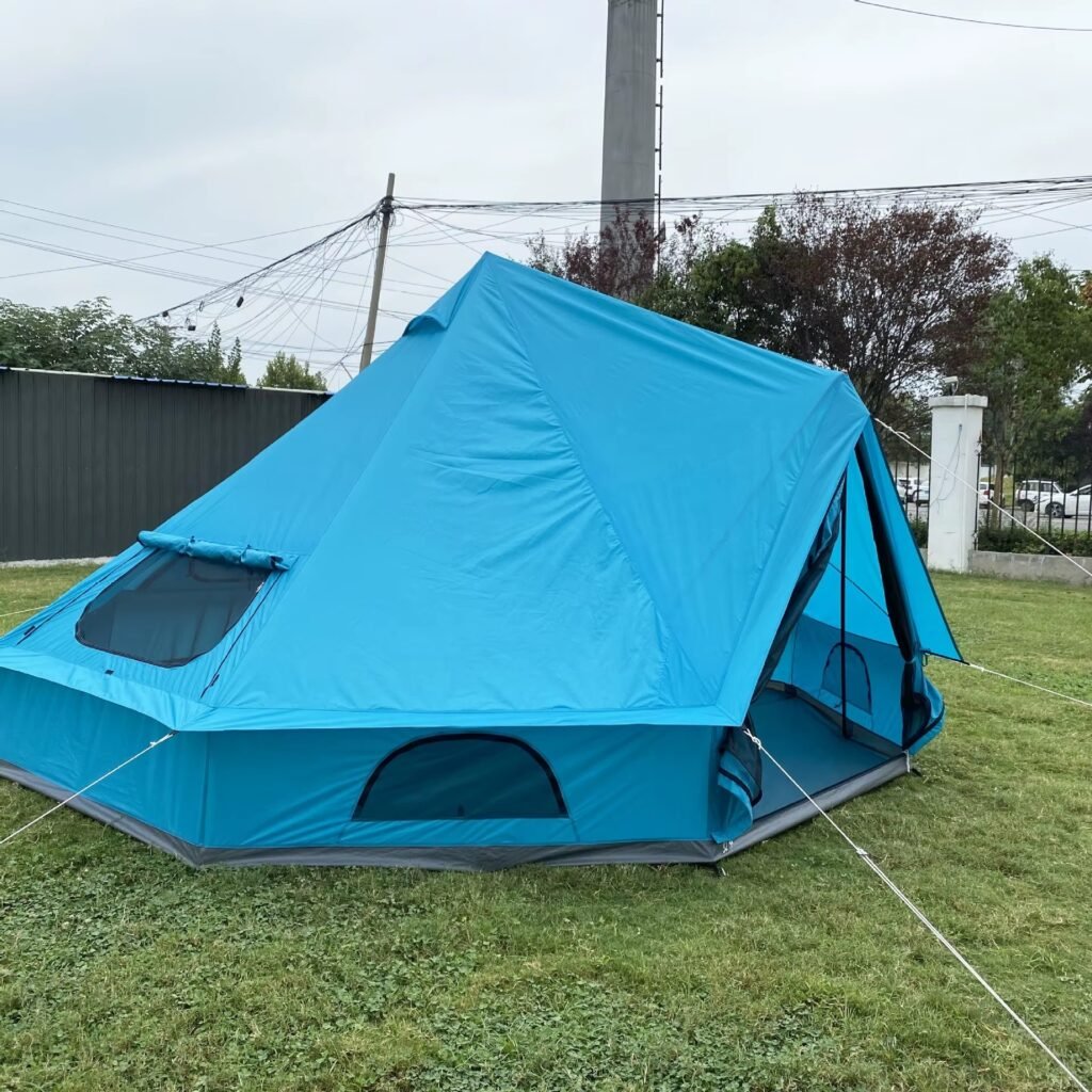 Spacious interior floor space of blue camping tent for comfortable outdoor sleeping