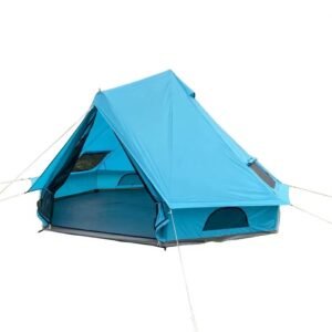Blue family camping tent with spacious front entrance and waterproof outdoor shelter design