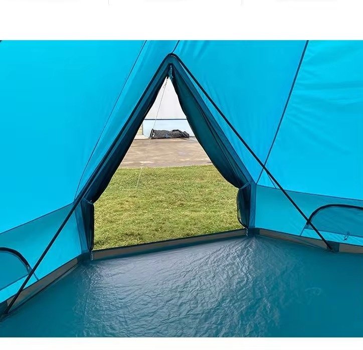 Blue outdoor camping tent with stable structure and large waterproof shelter space