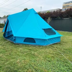 Blue waterproof camping tent with side ventilation window and durable fabric construction