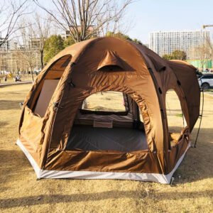 Brown camping tent with a wide open front entrance