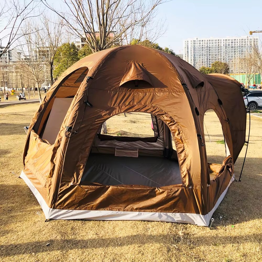 Brown camping tent with a wide open front entrance