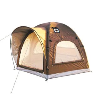 Brown tent with an extended entrance canopy shown on a white background