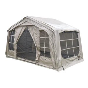 Gray-beige cabin-style glamping tent with mesh doors and window panels