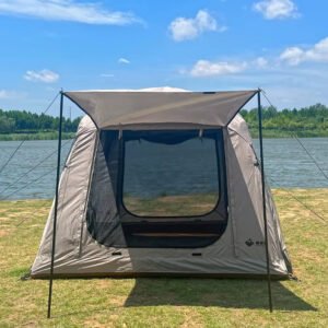 Front view of a beige tent with a large mesh entrance and extended awning