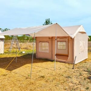 Inflatable glamping tent with extended awning for outdoor camping and leisure activities