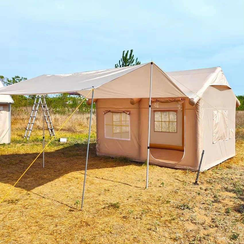 Inflatable glamping tent with extended awning for outdoor camping and leisure activities