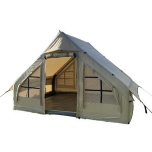 Khaki inflatable cabin tent with the front entrance open, showing mesh panels and the interior.