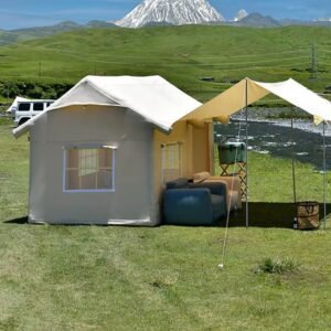 Multi person house shape inflatable glamping tent with spacious outdoor camping area