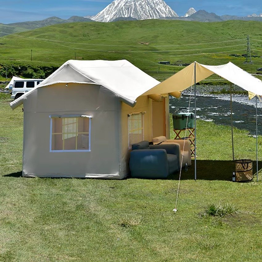 Multi person house shape inflatable glamping tent with spacious outdoor camping area