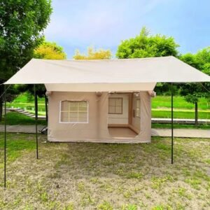 Multi person inflatable glamping tent angle view with outdoor awning extension