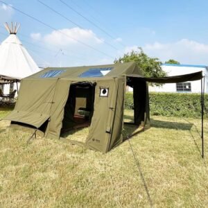 Olive green cabin tent with roof skylights, open entrance, and extended side awning at a campsite.