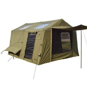 Olive green cabin tent with roof skylights and extended awning shown against a white background.