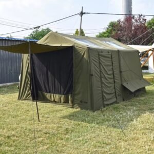 Side view of an olive green cabin tent with a large mesh panel beneath the awning.