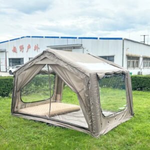Open gray-beige tent showing a mattress inside and clear window panels